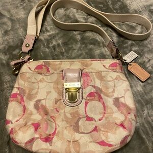 Coach Pink and Tan Canvas Crossbody with Gold-Tone Clasp